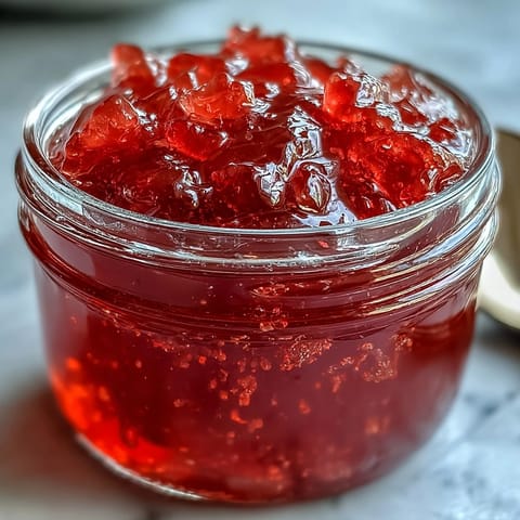 A glass jar filled with homemade guava jelly, its vibrant pink hue glowing beside a slice of buttered toast and a spread knife. 