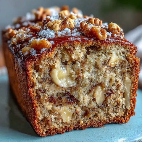 A sliced loaf of Vegan Cardamom Guava Banana Bread reveals a fluffy texture, flecked with lime zest and chopped walnuts for a delicious crunch.