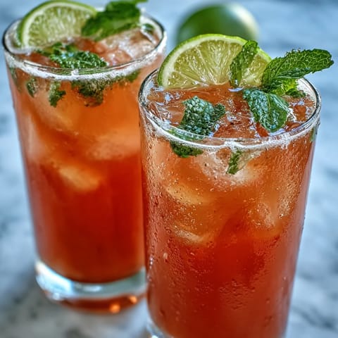 Two glasses of homemade Guava Juice With Sparkling Water sit on a rustic wooden table, garnished with vibrant green mint leaves for a refreshing summer spritzer.