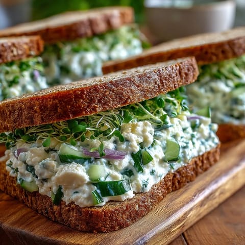 The Easy Cucumber Salad Sandwiches feature creamy Greek yogurt, crumbled feta, and fresh dill on thick-cut bread.