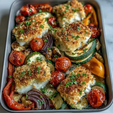 Golden Parmesan Crusted Sheet Pan Fish & Veg beside tender zucchini and onion wedges, ready to serve.