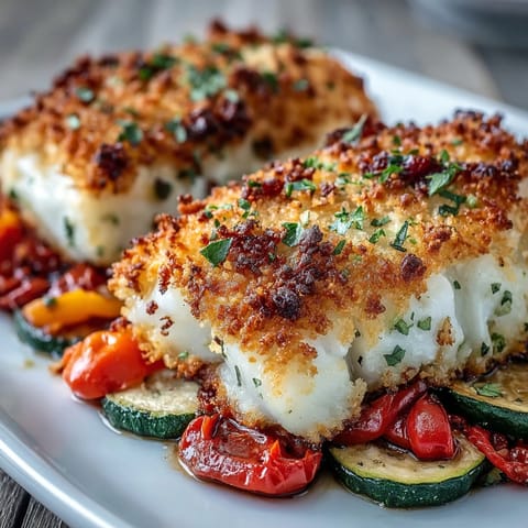 Tender cod filets with crispy crust beside colorful roasted vegetables, ready to serve for dinner.