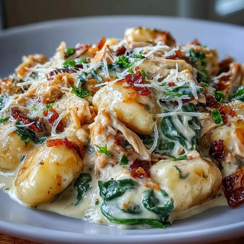 Creamy Spinach & Parmesan Gnocchi with Chicken served in a rustic white bowl, garnished with fresh parsley and extra Parmesan.