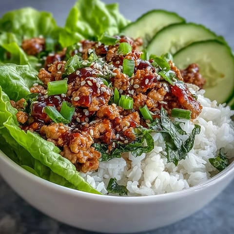 A close-up of Korean-inspired Sesame Turkey Lettuce Wrap Bowls topped with sesame seeds and cilantro, featuring warm ground turkey and crunchy fresh vegetables.