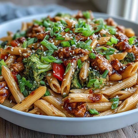 Steaming bowl of sweet and spicy turkey broccoli pasta, topped with sesame seeds and green onions, served on a white plate.