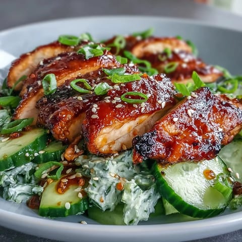 Golden seared chicken slices rest over creamy Greek yogurt cucumber salad, topped with crunchy sesame seeds and fresh green onions.