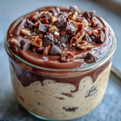 This thick and creamy peanut butter cup overnight oats breakfast is topped with mini chocolate chips and served chilled in glass jars.