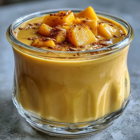 A frosty glass of Vegan Mango Turmeric Golden Milk Smoothie, garnished with cinnamon and ready to sip.