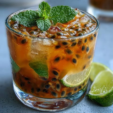 Tropical passionfruit cocktail with fresh mint, lime, and rum, served over crushed ice in a tall glass.