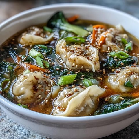A steaming bowl of Trader Joes Dumpling Soup with tender dumplings and vibrant bok choy in savory broth.