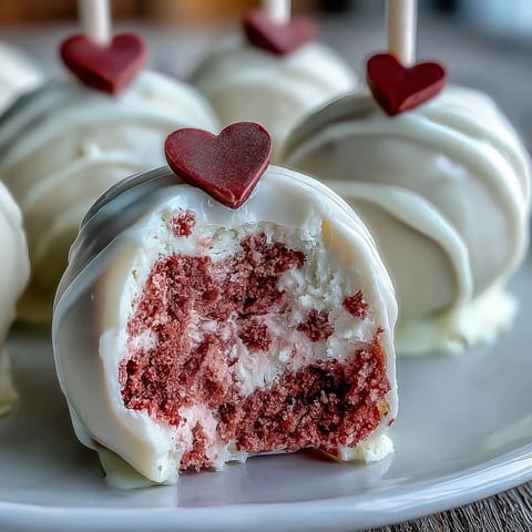 Bite into these charming Galentines cake pops, featuring pink velvet and creamy white chocolate coating for a sweet treat.  