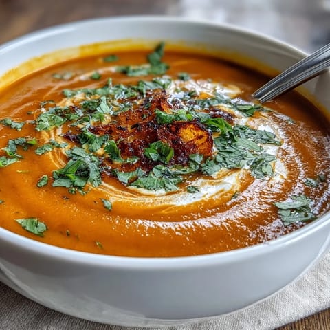 A vibrant bowl of carrot and orange soup with ginger, garnished with fresh coriander and a swirl of coconut milk.
