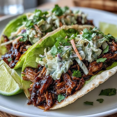 Crispy lettuce cups filled with smoky BBQ jackfruit and topped with creamy vegan slaw for a fresh plant-based taco dinner.