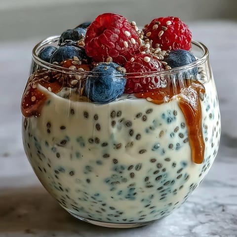Fluffy Yogurt Chia Pudding with Vanilla Bean, a creamy and healthy breakfast or dessert with fresh berries and coconut.