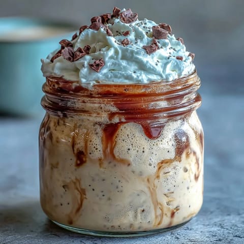 Creamy vanilla bean frappuccino overnight oats layered with espresso and chia seeds in a mason jar.  