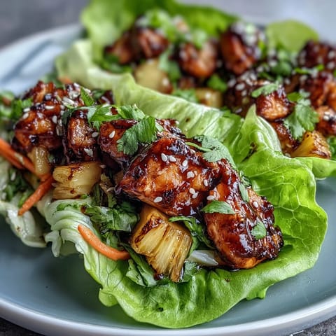 Fresh teriyaki chicken and juicy pineapple wrapped in crisp lettuce leaves with colorful vegetables and herbs.  