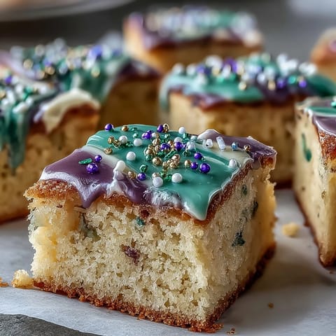 Festive King Cake sugar cookie bars topped with colorful icing and Mardi Gras sprinkles for a party-ready dessert.
