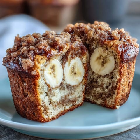 Sourdough discard banana muffins topped with cinnamon streusel and golden crumb topping
