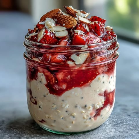 Creamy strawberry protein overnight oats with fresh berries and crunchy almonds for a healthy breakfast.