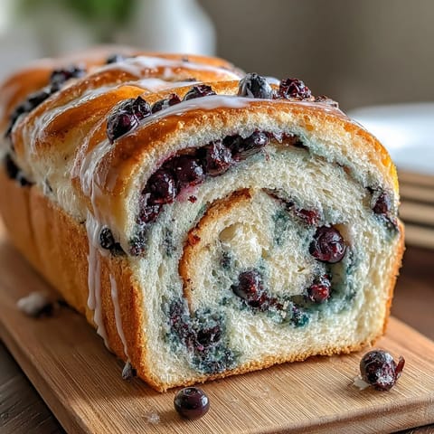 Vibrant lemon blueberry sourdough swirl bread with golden crust and juicy berry ribbons throughout.  