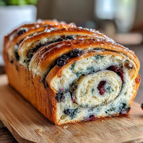 Close-up of tender sourdough loaf featuring bright lemon zest and fresh blueberry swirl filling.  