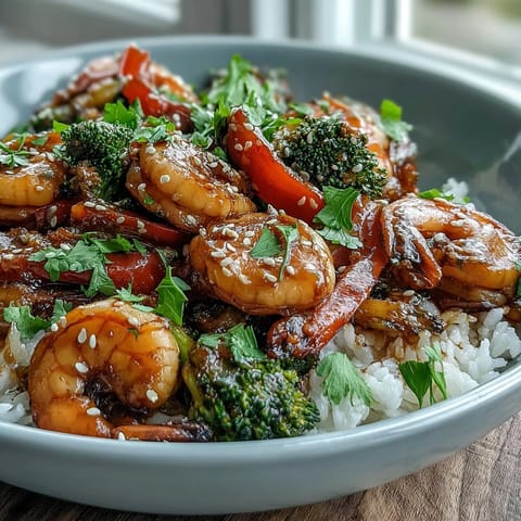 Vibrant shrimp stir-fry with crisp bell peppers, broccoli, and carrots in a savory garlic-ginger sauce.  