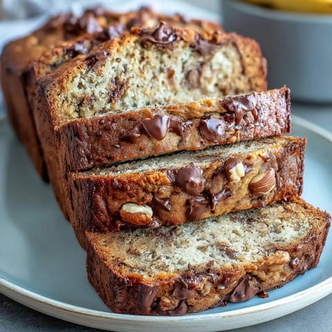 A golden slice of high-protein banana bread with Greek yogurt, dotted with dark chocolate chips and walnuts.