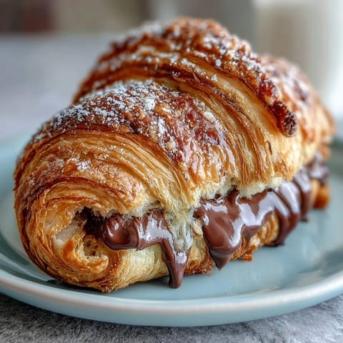 Golden, flaky sourdough croissants oozing with rich dark chocolate, perfect for a luxurious breakfast or afternoon treat.