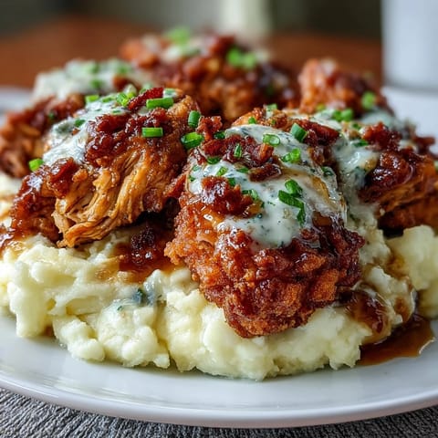 Creamy garlic mashed potatoes topped with tender Mississippi chicken slow-cooked in ranch and au jus, garnished with pepperoncini and fresh parsley.