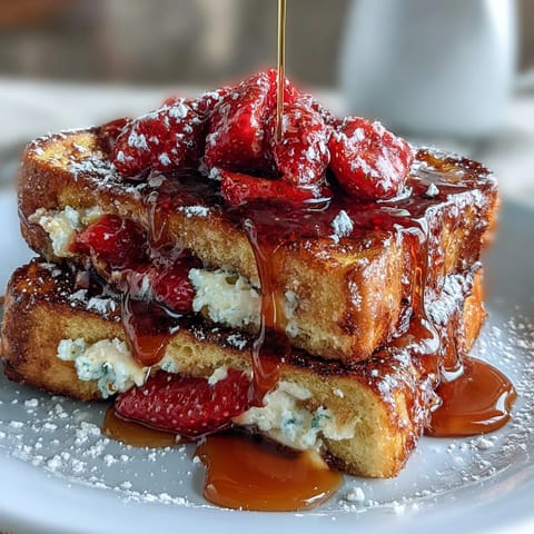 Strawberry French Toast Bake with fresh berries and custard, baked until golden and topped with almonds and powdered sugar.