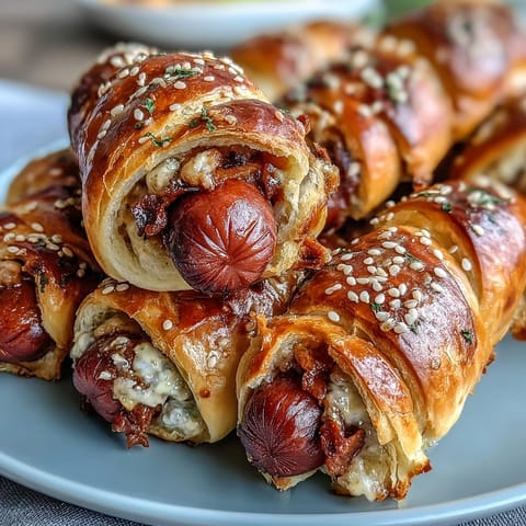 Golden crescent roll dough wrapped around mini hot dogs, baked to a perfect golden brown and served with mustard.