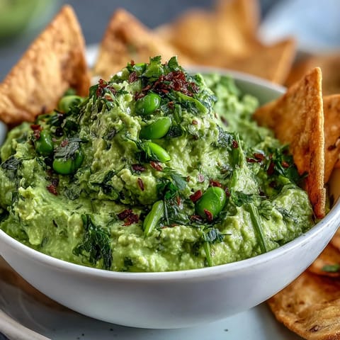 Creamy edamame guacamole with fresh cilantro served alongside crispy golden pita chips.  