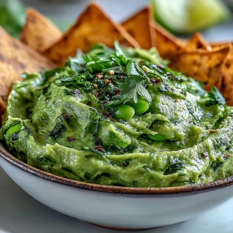 Vibrant green edamame guacamole with jalapeño and lime, paired with warm whole wheat pita chips.  