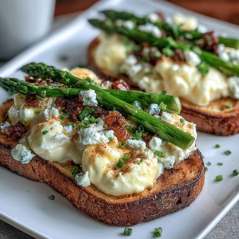 Golden toasted bread topped with soft scrambled eggs, crisp blanched asparagus, and bright lemon zest for a fresh spring bite.