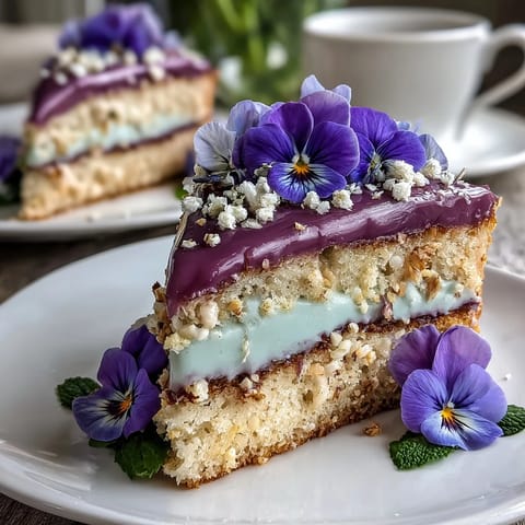 Spring cake with pressed edible flowers, a light vanilla cake layered with whipped cream and decorated with delicate blooms.  