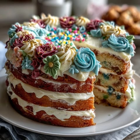 Layered vanilla cake with floral buttercream, celebrating a Taurus birthday and graduation with elegant petal designs and gold accents.