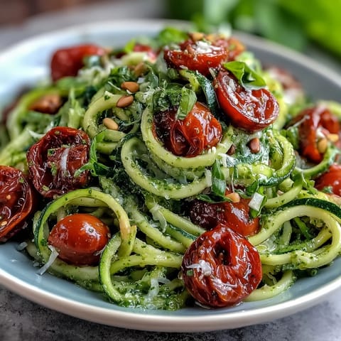 Zucchini noodles tossed with fresh basil pesto and juicy cherry tomatoes in a vibrant summer dish.  