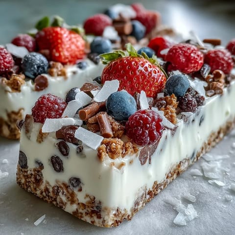 Frozen yogurt bark with berries and granola on a white tray, creamy yogurt topped with colorful berries and crunchy granola, perfect healthy summer snack.
