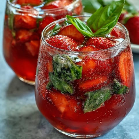 Vibrant strawberry basil sangria mocktail with citrus slices and fresh herbs in a glass pitcher, perfect for summer gatherings.
