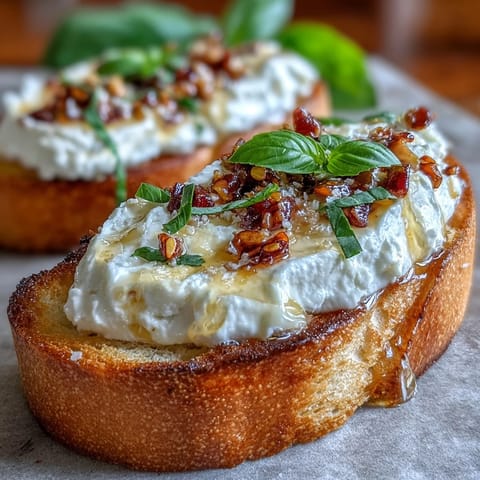 Golden, crispy baguette slices loaded with creamy whipped ricotta and drizzled with spicy hot honey.