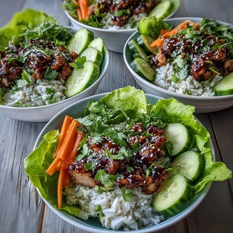 Crisp lettuce cups filled with Korean-inspired sesame turkey, fluffy rice, and crunchy cucumber ribbons for a healthy bowl meal.