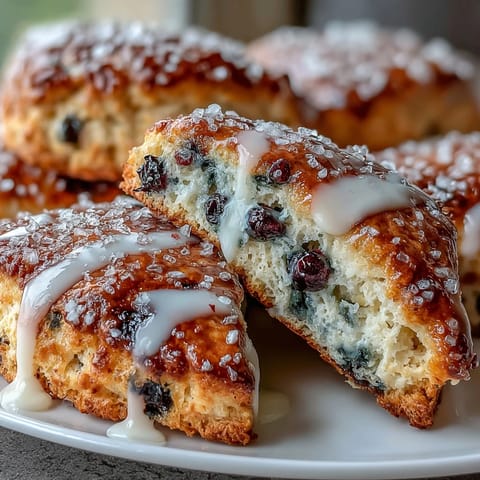 Golden lemon blueberry scones with juicy berries and a glossy lemon glaze, perfect for a cozy brunch table.