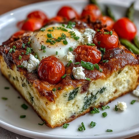 Fluffy sheet pan Easter frittata with asparagus, tomatoes, and herbs, baked golden and perfect for brunch gatherings.