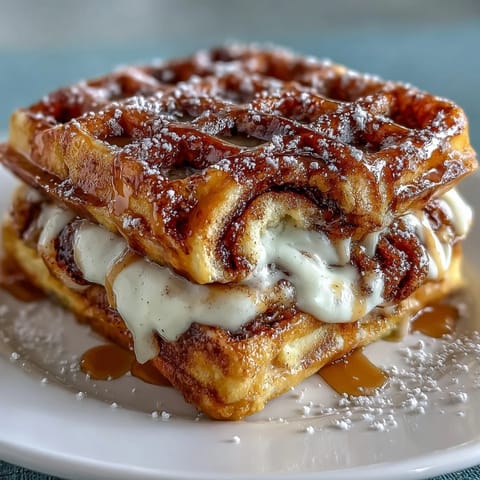 Warm waffles infused with cinnamon-sugar ribbons, topped with smooth cream cheese icing—perfect for a cozy weekend brunch.  