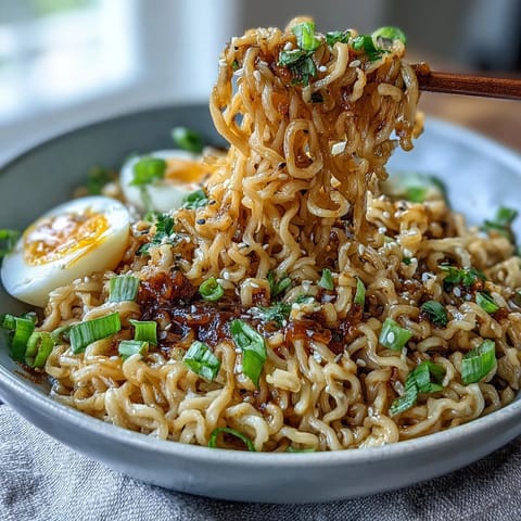 A steaming bowl of viral garlic butter ramen, glistening with savory soy sauce and sweet brown sugar, topped with green onions and sesame seeds.