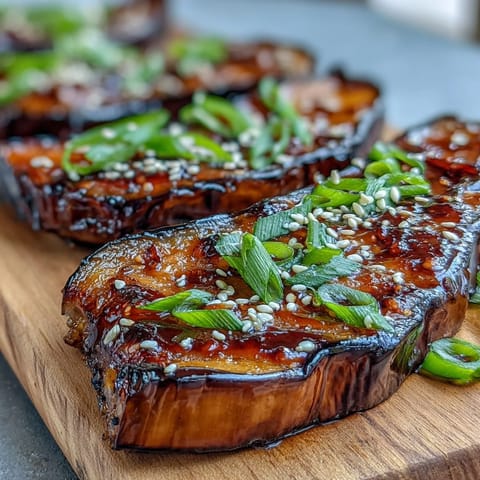 Roasted eggplant halves glazed with sweet and savory miso, caramelized to perfection for an umami-rich vegetarian dish.