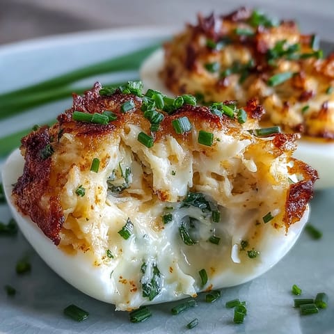Elegant deviled eggs filled with lump crab meat, creamy mayo, and Old Bay seasoning, garnished with fresh chives for a gourmet touch.  