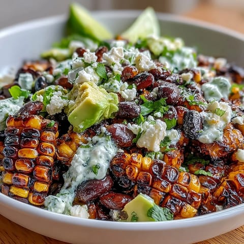 Grilled corn and black bean taco salad with fresh avocado and lime dressing in a vibrant bowl.  