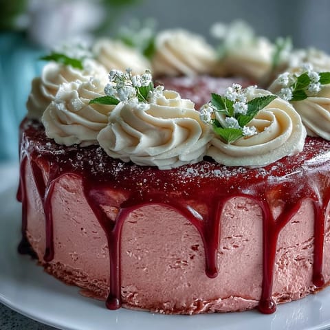 Beautiful blush-pink rosé velvet cake layers with rich cream cheese frosting, finished with a luxurious edible gold drip for bridal shower elegance.  