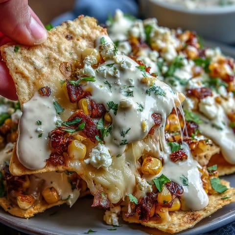 Crispy tortilla chips topped with charred corn, melted Monterey Jack and cheddar cheese, and drizzled with smoky chipotle crema.  